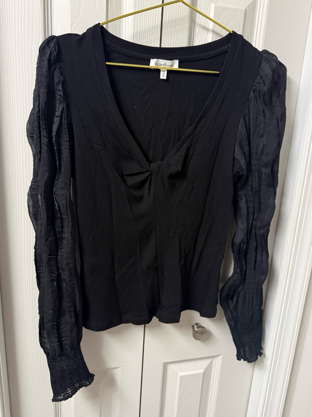 Heartloom Black V-Neck Top with Sheer Puff Sleeves